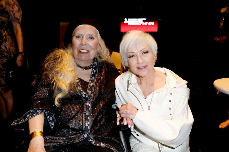LAS VEGAS, NEVADA - APRIL 01: (L-R) Honoree Joni Mitchell and Cyndi Lauper attend MusiCares Person of the Year honoring Joni Mitchell at MGM Grand Marquee Ballroom on April 01, 2022 in Las Vegas, Nevada. (Photo by Frazer Harrison/Getty Images for The Recording Academy)