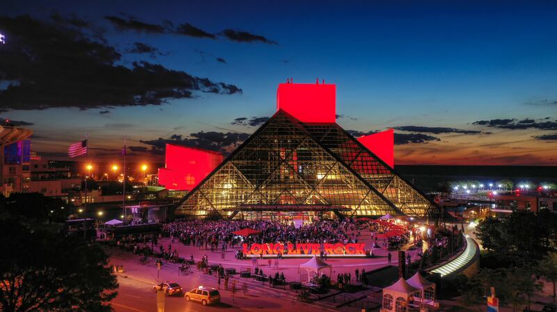 Aerial Drone Photo of the Rock and Roll Hall of Fame in Downtown Cleveland/Summer 2019.